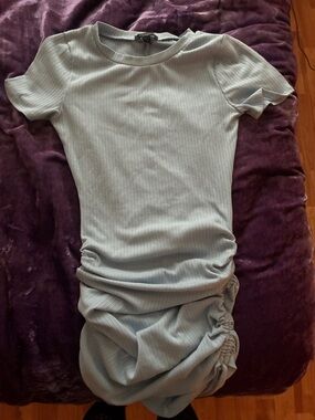 Ribbed Short-Sleeve Tunic Dress in Light Blue
